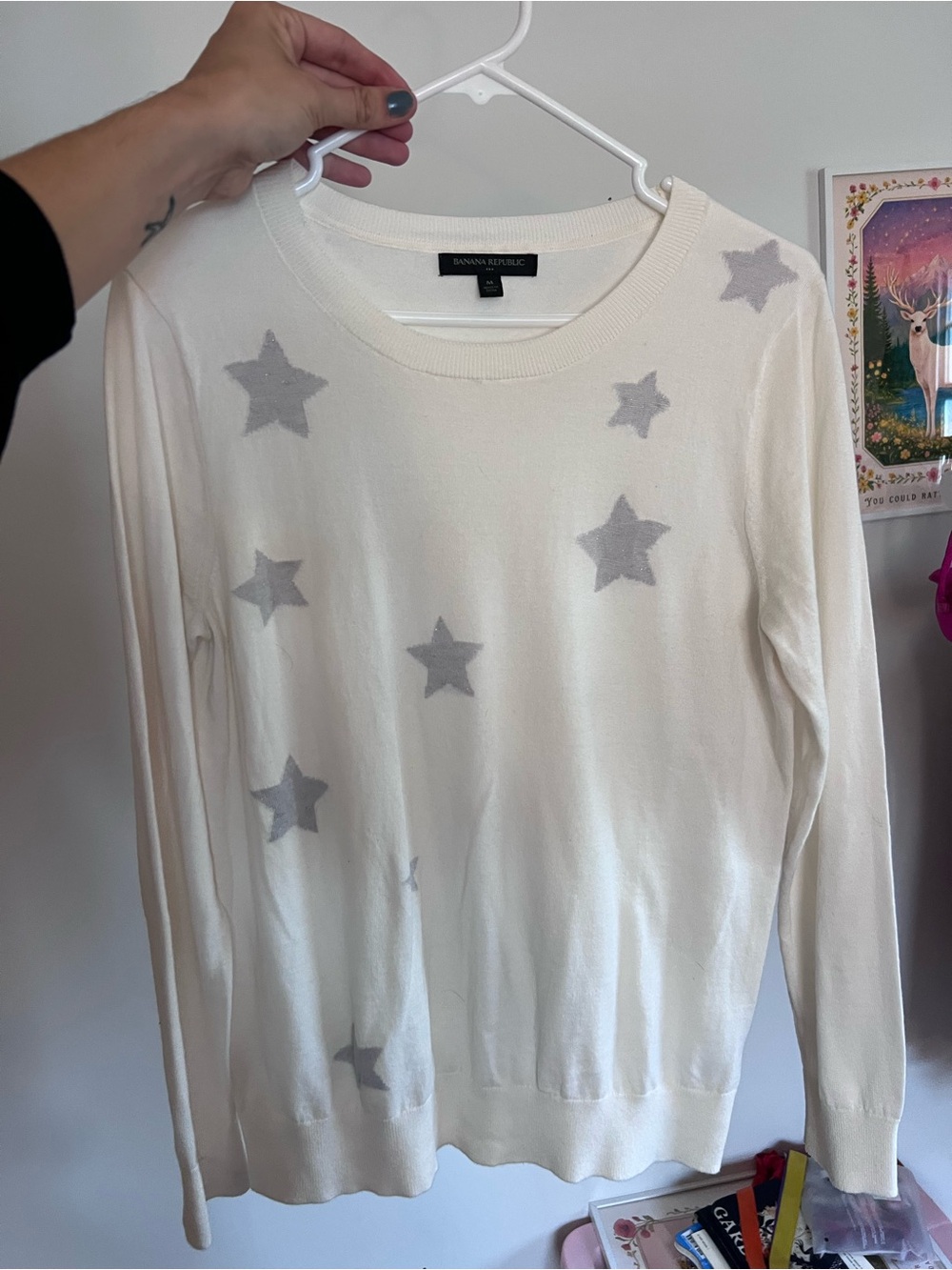 Banana Republic Cream Off White Metallic Star Crewneck Knit Sweater Medium
